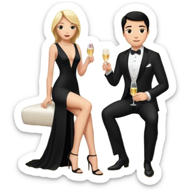 Blonde woman, black, Long, tight, sleveless Dress, Slot left Leg, man, DARK Hair, in Dinner jacket, Background bedroom, drinking champaign sticker