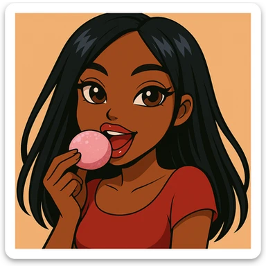 Change the pose to eating pink mochi ice cream, headshot only, 20-year-old anime Bratz style woman with dark skin, straight hair, brown eyes, red shirt, trendy outfit, glossy lips, no hat, no tears, happy expression, both eyes open, looking straight ahead. sticker