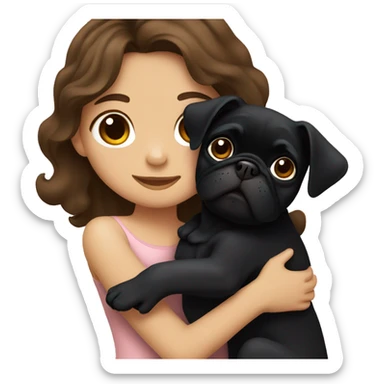 A girl with wavy brown hair hugging a black pug sticker