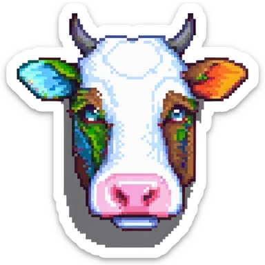ultra-minimal blocky Minecraft cow head emoji with one large colorful square pixel, perfectly square, extremely simple, abstract, playful, childlike sticker