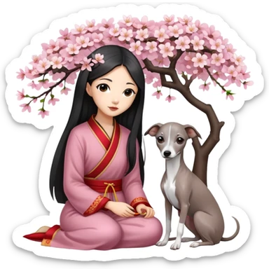 A young Chinese girl with long black hair and a dark grey Italian Greyhound with absolutely no white marks on its body or nose sitting under a cherry blossom tree sticker