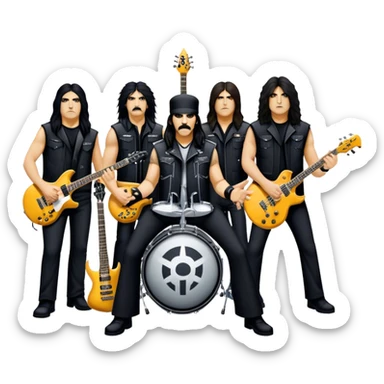 Icon for Heavy Metal: Anthrax live concert with Charlie Benante on drums, Joey Belladonna on vocals, Frank Bello on bass, Jonathan Donais and Scott Ian on guitars. The intense energy of the band is captured with instruments and stage lighting. Transparent background. sticker