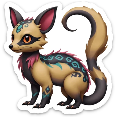 Rare warm-colored gloomy spooky exotic cute epic aesthetic gothic colorful Salandit-Eevee-Civet-species-Fakemon-hybrid-creature, with intricate tattoo markings, full body sticker