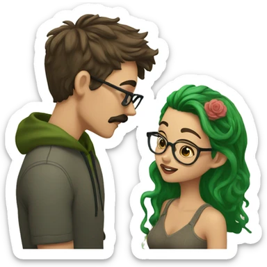 A heavy set boy with brown hair and a mustache is kissing a green haired girl who is thin and wearing glasses both have tattoos sticker