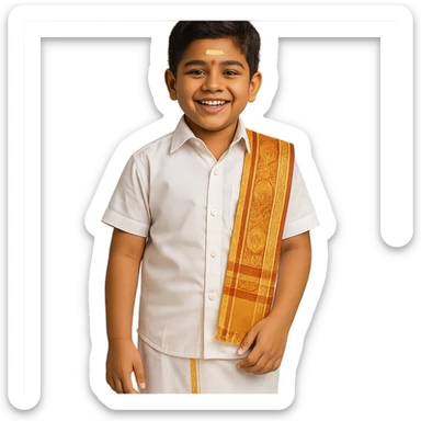 A cheerful Tamil boy wearing traditional cultural attire, including a white veshti (dhoti) and shirt, with a decorative angavastram draped over the shoulder, and a sandalwood mark on his forehead. sticker