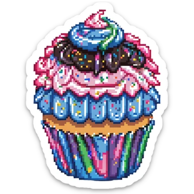 large cupcake with pink frosting covered in rainbow sprinkles in pixel art style sticker