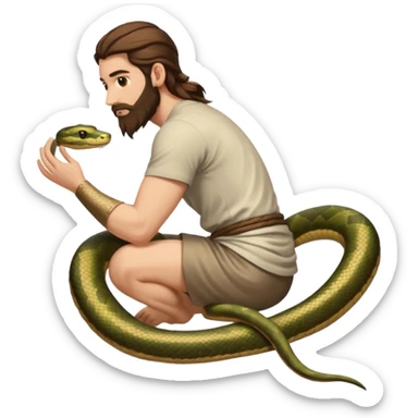 full body man long brown hair brown eyes medium beard white skin seen from behind, snake wrapped around arm and back sticker