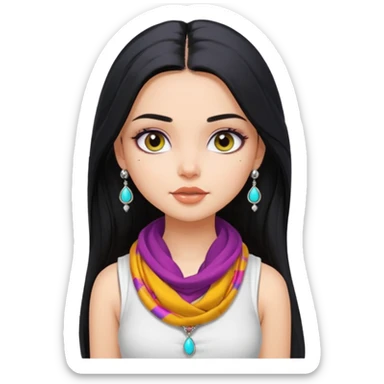 a pretty bratz girl with long black hair, kajal under eyes, small silver jhumkas. White tank top on. Colourful scarf around neck sticker