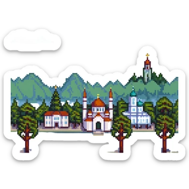 cityscape of Nalchik with iconic buildings and trees in pixel art style sticker
