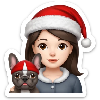 brunette woman with a dark grey French bulldog both wearing Santa sticker