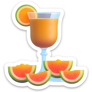 traditional layered carajillo in small clear glass showing golden liquor at bottom and coffee on top, with cantaloupe melon slice beside it sticker