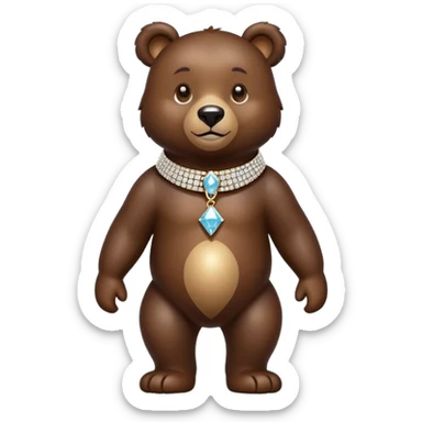 Dark brown bear walking on four paws wearing a luxury diamond-studded collar, shiny gems, minimalist emoji style sticker