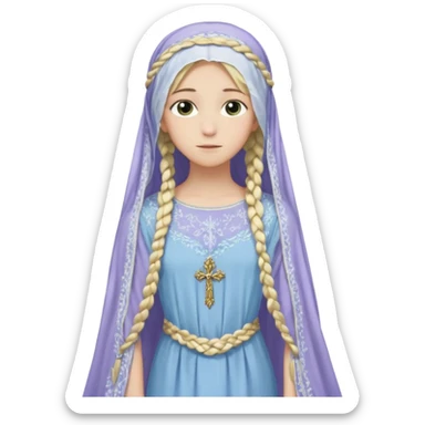 Joven de unos 20 años, de aspecto dulce y elegante.
Piel clara, ojos (pueden ser azules o verdes)
Rubio o castaño claro, largo, con trenzas o velo.
Vestido largo de tonos suaves (blanco, azul o lavanda), con bordados dorados; un manto o toca fina cubriendo la cabeza. Todo el cuerpo sticker