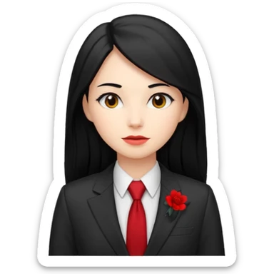 female boss in suit, long black hair, red tie sticker