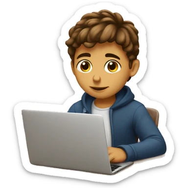 Boy with brown hair on laptop doing homework sticker