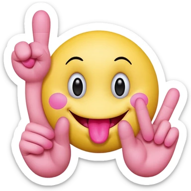 The image is a digital illustration of a yellow smiley face with big, round eyes and a big smile. The face is holding a pink tongue sticking out and making a 67 with its fingers. Above the face, The background is white. Like this but get rid of the text sticker