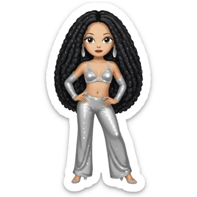 Diana Ross with long black hair, silver sequin bra, silver sequin baggy pants sticker