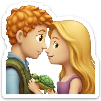 Ginger boy kissing a blond girl, both holding on to a turtle sticker