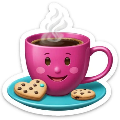 cup of coffee, steaming, the smoke should come out in the shape of a heart, the color of the cup is fuchsia, the cup has a happy face printed on it, the cup rests on a turquoise blue plate, and there are cookies and sugar cubes around the cup. sticker
