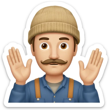 Woodworker thick mustache knit cap Carharttk shirt hand raised above head sticker