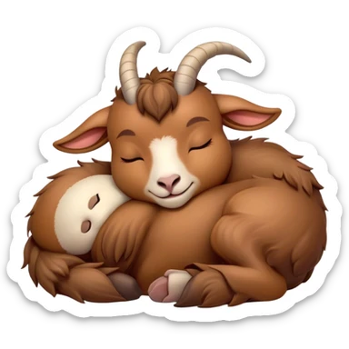 Meme-Worthy Cute Sleeping Brown Goat Portrait Emoji, Head resting peacefully with a contented smile, showcasing a robust build and a luxuriously soft brown fur, eyes shut in a serene, restful nap, Simplified yet hilariously adorable features, highly detailed, glowing with a soft, drowsy light, high shine, relaxed and utterly lovable, stylized with an air of playful laziness, bright and heartwarming, soft glowing outline, capturing the essence of a comically sleepy goat, so meme-worthy it feels like it could instantly become the next viral sensation of adorable slumber! sticker