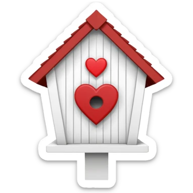 a birdhouse with a normal circular hole and a red roof with the rest white and a heart at the top but below the roof sticker
