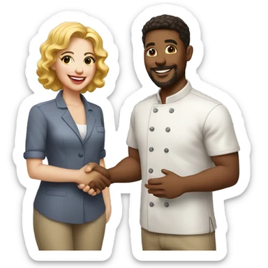 restaurant owner and blogger shaking hands, both with light skin, in great detail sticker