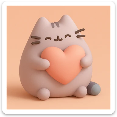 Pusheen hugging a big heart, pastel colors, adorable, mochi illustration style sticker