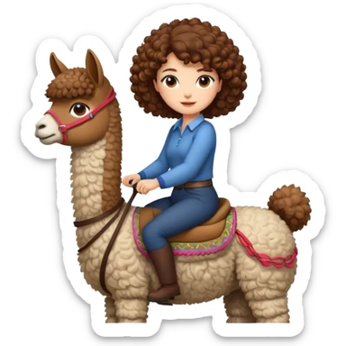 cute woman short tight curly brown hair riding an alpaca sticker