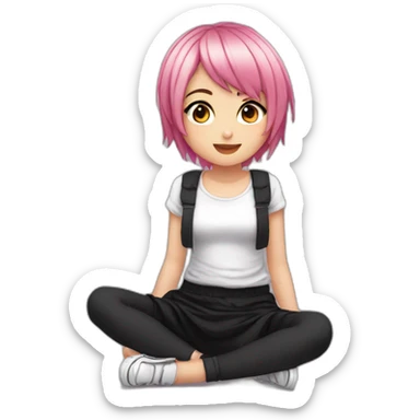 Full body Front view curvy emo girl pink hair sits on the floor straight view hands up black skirt белые трусики полосатые рваные чулки sticker