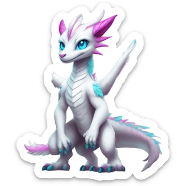 White elegant beautiful natural cute badass epic anthro modern albino Dutch Angel Dragon-vernid-Fakémon with cyan mane and magenta eyes with cyan edgy stripes, anthropomorphic, two-legged, digitigrade, full body sticker