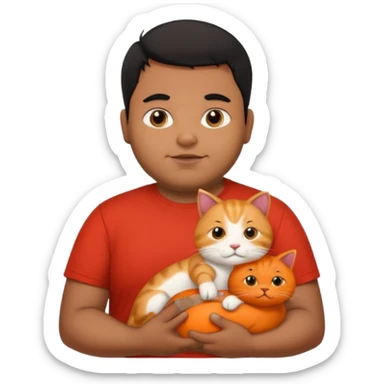 Indian black chubby guy with black hair in red t-shit with orange cat sticker