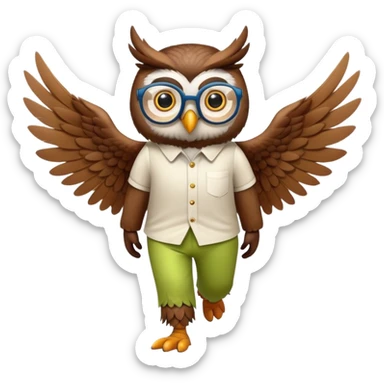 friendly anthropomorphised night owl with wings instead of arms, colourful pants and shirt, wearing glasses, walking upright, night owl features and colours, unique pose 2 sticker