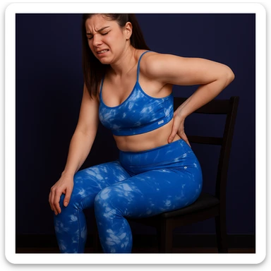 Slim woman in 4K, sitting on a chair, slightly curved back, left hand massaging the lumbar area, face contracted in back pain, inspired by the reference photo. sticker
