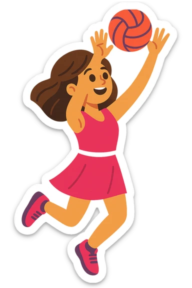 brunette girl in pink netball dress, arms raised, shooting a goal, sporty, no background sticker