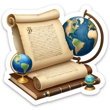 An icon featuring an ancient scroll, a quill pen, and a globe, symbolizing the study of history. The design includes a timeline with significant historical events, with ruins in the background to evoke past civilizations. Transparent background emphasizes the exploration of human history sticker