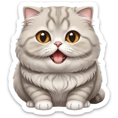 Cinematic-Adorable-Scottish-Fold-Cat-Portrait-Emoji – Big-eyed, fluffy Scottish Fold cat with a playful head tilt and a cute yawn, soft solid grey fur, tiny folded ears giving it an irresistibly sweet expression, simplified yet charmingly cute features, round amber eyes full of curiosity, highly detailed with a gentle glow. sticker