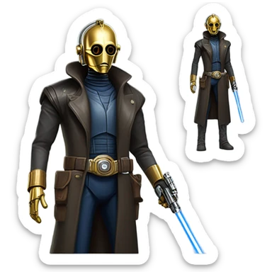 bounty hunter tarnished undercover tough well-equipped Jedi  life-sized darkblue-pearl C3po leather vest clothing pants and vest old west duster coat holding light saber sheriff sticker