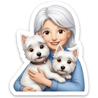 One silver-haired 60-ish lady smiling and hugging ONE westie dog sticker