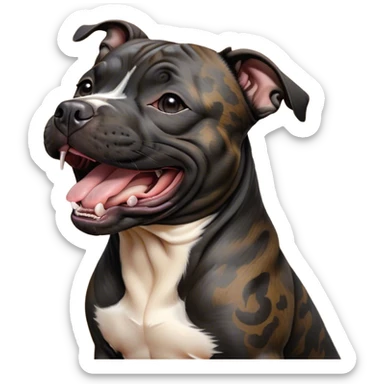 Cinematic Cute Yawning Black/Brindle Staffordshire Bull Terrier Portrait Emoji, Head tilted slightly with a dramatic, wide-open yawn, showcasing a smooth Fur with a striking black and brindle pattern, floppy ears slightly drooping, round dark eyes barely open in drowsy contentment, Simplified yet irresistibly adorable features, highly detailed, glowing with a soft, cozy glow, high shine, relaxed yet expressive, stylized with a touch of whimsy, bright and endearing, soft glowing outline, capturing the essence of a sleepy yet affectionate guardian, so drowsy it feels like it could stretch right out of the screen and curl up for a nap! sticker