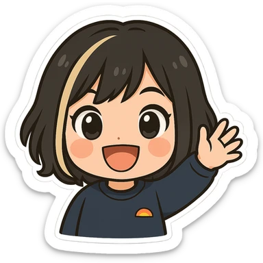 Make this exact chibi girl look happy and waving, keeping the same anime chibi style, face, hair, and outfit. Add a big smile, bright eyes, and her hand raised in a waving gesture. Maintain the chibi stickers style. Transparent background, sized for Twitch emoji use. sticker
