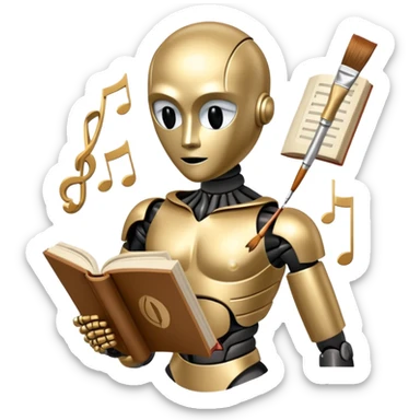 A metallic humanoid figure whose torso is a circle divided into 4 clear segments, each segment containing a distinct icon: paintbrush (visual arts), music note (musical arts), theater masks (theatrical arts), and an open book (literary arts) sticker