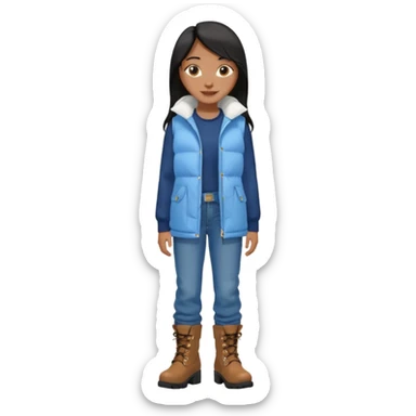 asin girl with black long slick backed hair wearing a dark blue long shirt and a puffy white sleeveless jacket on outside and light blue very baggy jeans with brown boots sticker