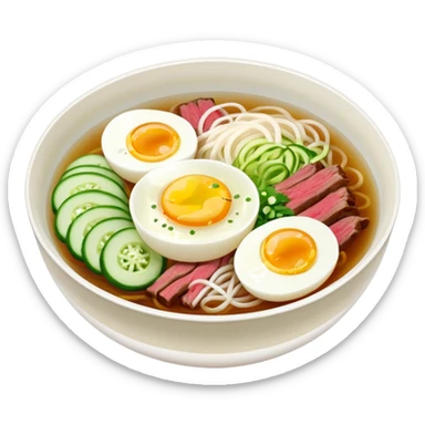 a bowl of Korean cold noodles (naengmyeon) with sliced egg, beef, cucumber, and radish in clear broth sticker