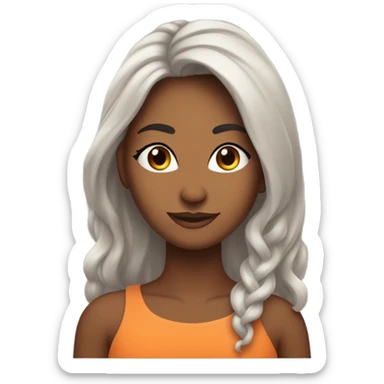 Linda mulher com cabelos longos vermelhos e pele morena, olhos de cor preta, cílios lindos, um laço grande laranja tom pastel atrás da cabeça  sticker