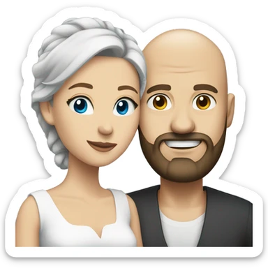 Bald man with a beard blue eyed and his young brunette wife sticker