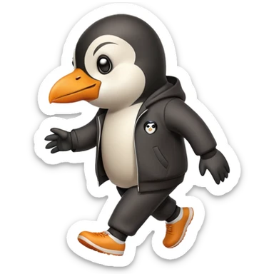 friendly anthropomorphised penguin wearing a mafia-style tracksuit, angry expression, tense hurried stride sticker