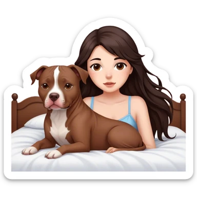 A pretty girl with long dark hair feathered   cascading down her face sits on the bed with her brown pit bull  laying beside of her heart is flying all around sticker
