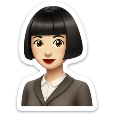 only 1 girl who looks like amelie poulain, short bob cut with bangs, black hair, brown eyes, cherry red lips, white skin, dark academia aesthetic kind of clothing sticker