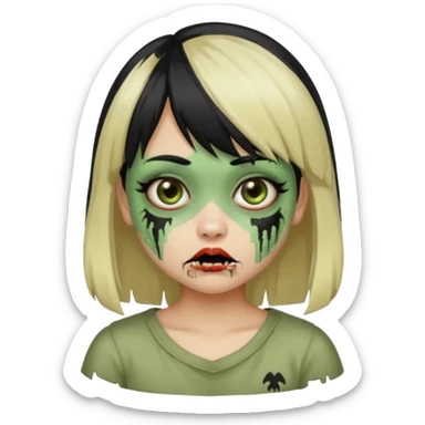 Girl with black hair and raccoon blonde streaks, bangs, light skin, zombie version, pale green skin, emoji style. sticker